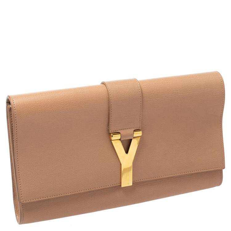 Pre Owned Yves Saint Laurent Nude Beige Leather Y-Ligne Clutch