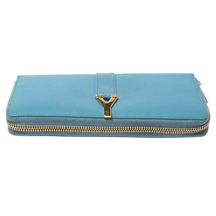 مملوكة مسبقًا Saint Laurent Blue Leather Classic Y-Ligne Zip Around Wallet