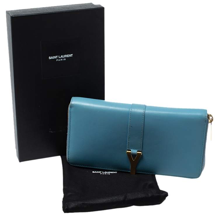 مملوكة مسبقًا Saint Laurent Blue Leather Classic Y-Ligne Zip Around Wallet