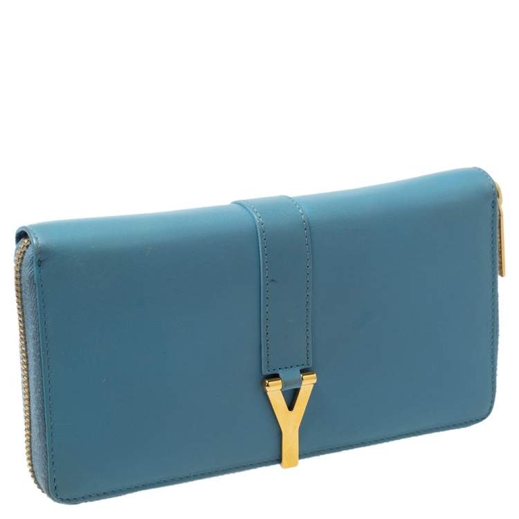 مملوكة مسبقًا Saint Laurent Blue Leather Classic Y-Ligne Zip Around Wallet