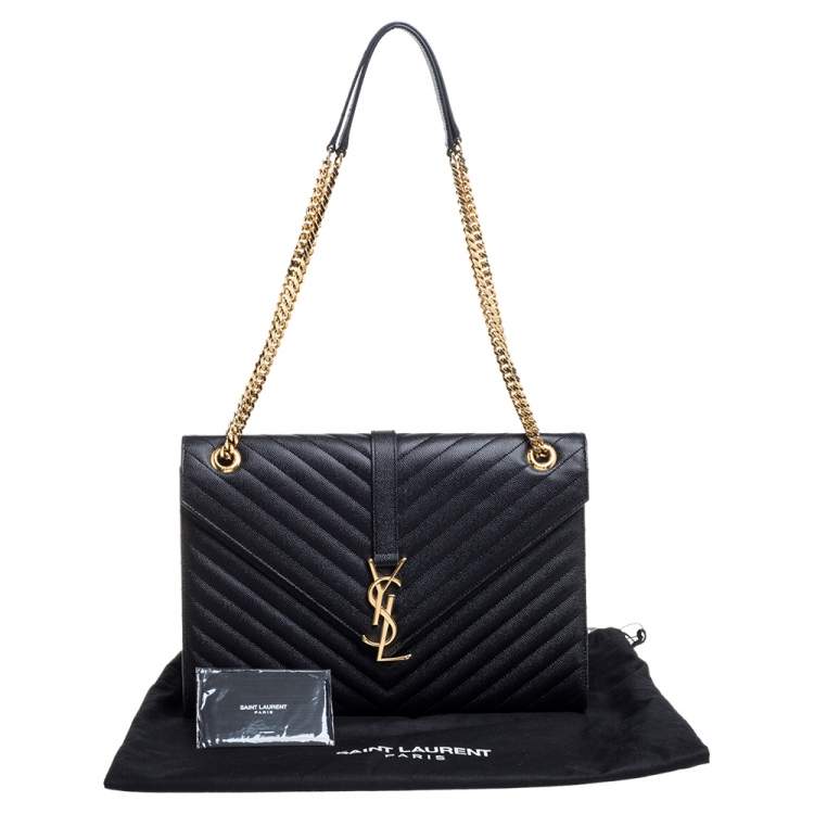 مملوكة مسبقًا Saint Laurent Black Chevron Quilted Leather Monogram Envelope Shoulder Bag