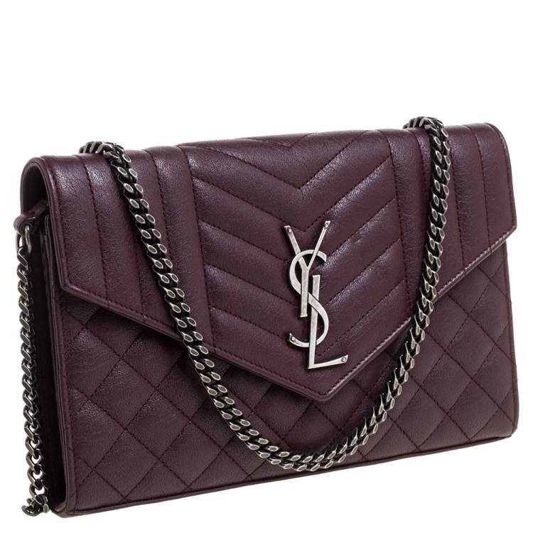 مملوكة مسبقًا Saint Laurent Burgundy Tri Quilted Leather Monogram Envelope Wallet on Chain