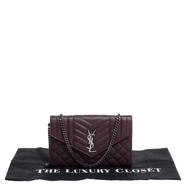 مملوكة مسبقًا Saint Laurent Burgundy Tri Quilted Leather Monogram Envelope Wallet on Chain