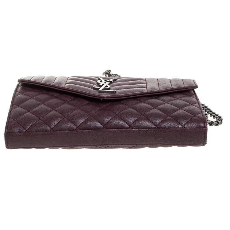مملوكة مسبقًا Saint Laurent Burgundy Tri Quilted Leather Monogram Envelope Wallet on Chain