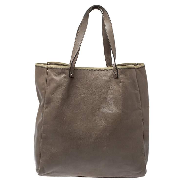 Pre Owned Saint Laurent Khaki Leather Shopper Tote