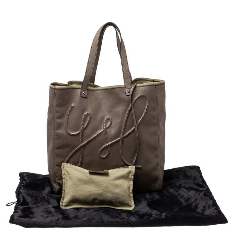 Pre Owned Saint Laurent Khaki Leather Shopper Tote