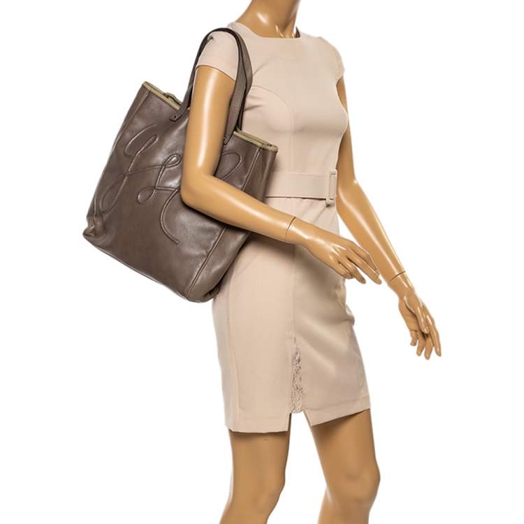 Pre Owned Saint Laurent Khaki Leather Shopper Tote