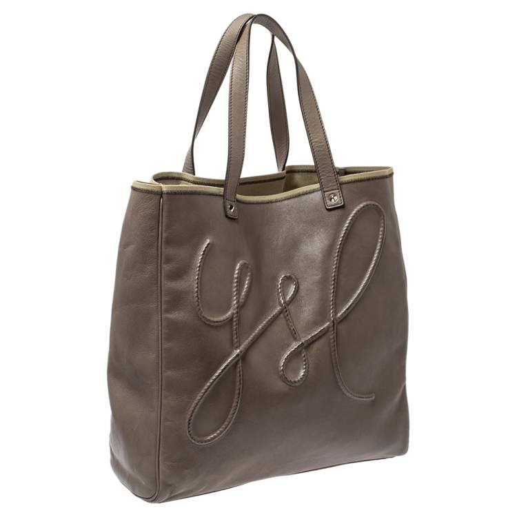 Pre Owned Saint Laurent Khaki Leather Shopper Tote