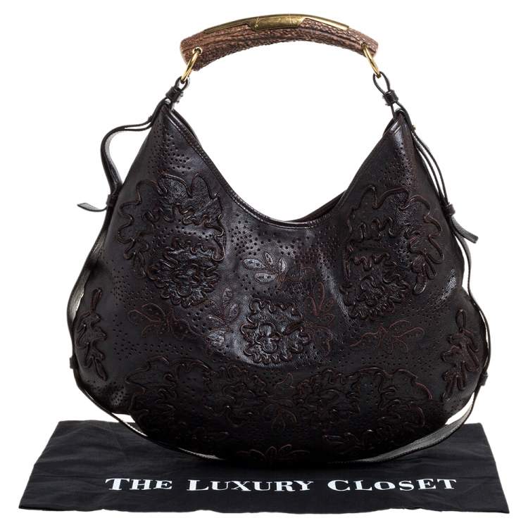 Pre Owned Saint Laurent Dark Brown Embroidered Leather Mombasa Hobo 