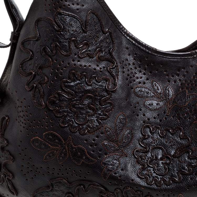 Pre Owned Saint Laurent Dark Brown Embroidered Leather Mombasa Hobo 