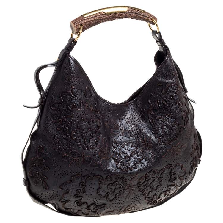 Pre Owned Saint Laurent Dark Brown Embroidered Leather Mombasa Hobo 