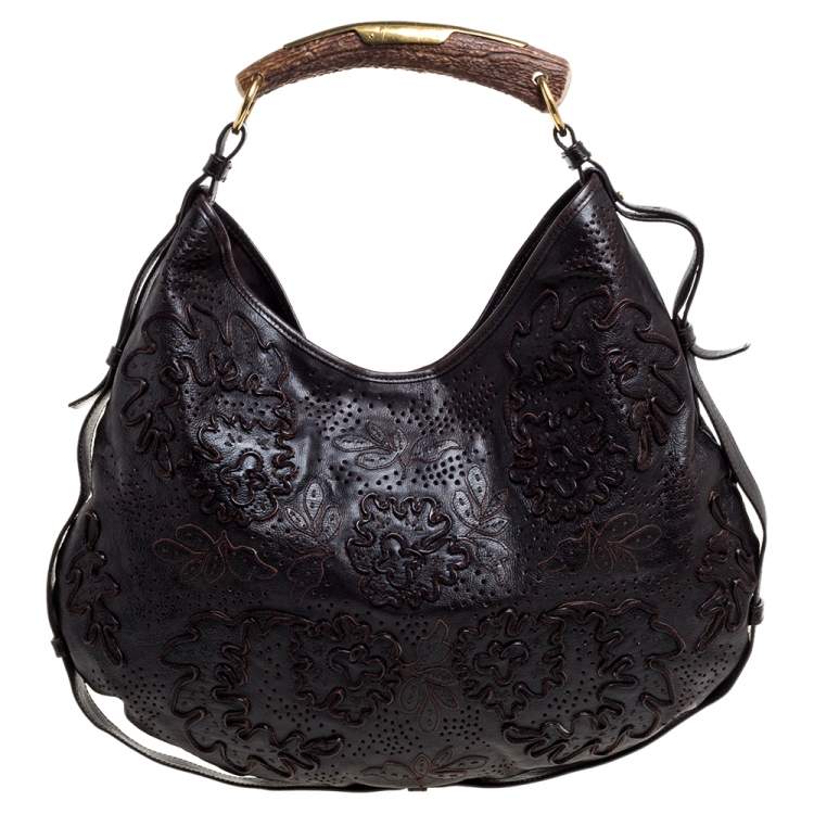 Pre Owned Saint Laurent Dark Brown Embroidered Leather Mombasa Hobo 