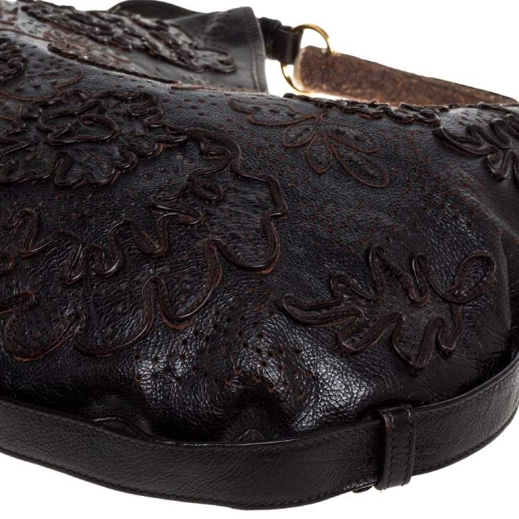 Pre Owned Saint Laurent Dark Brown Embroidered Leather Mombasa Hobo 