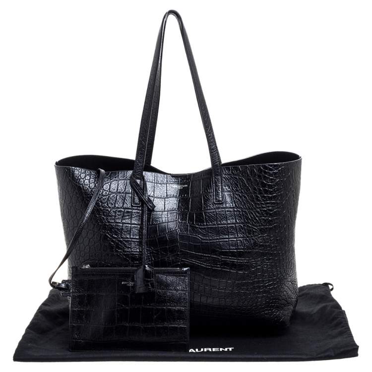 Pre Owned Saint Laurent Black Croc Embossed Leather Shopper Tote