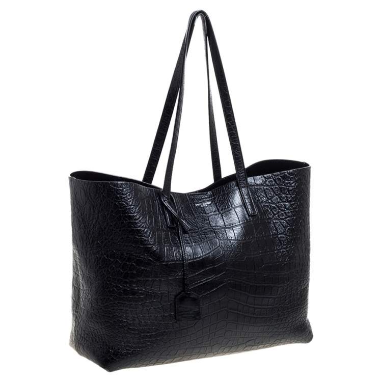 Pre Owned Saint Laurent Black Croc Embossed Leather Shopper Tote