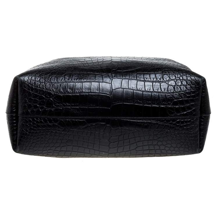 Pre Owned Saint Laurent Black Croc Embossed Leather Shopper Tote