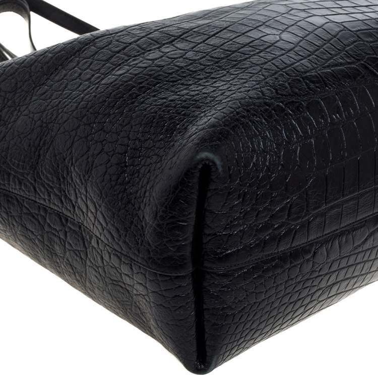 Pre Owned Saint Laurent Black Croc Embossed Leather Shopper Tote