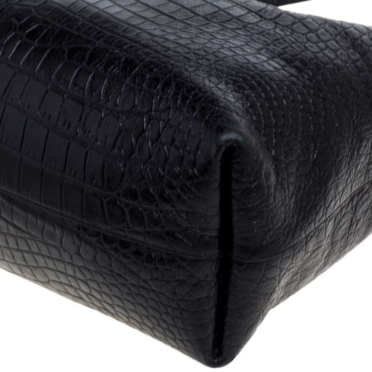 Pre Owned Saint Laurent Black Croc Embossed Leather Shopper Tote