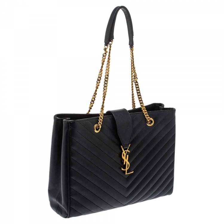 Pre Owned Saint Laurent Black Matelasse Leather Cassandre Shopper Tote