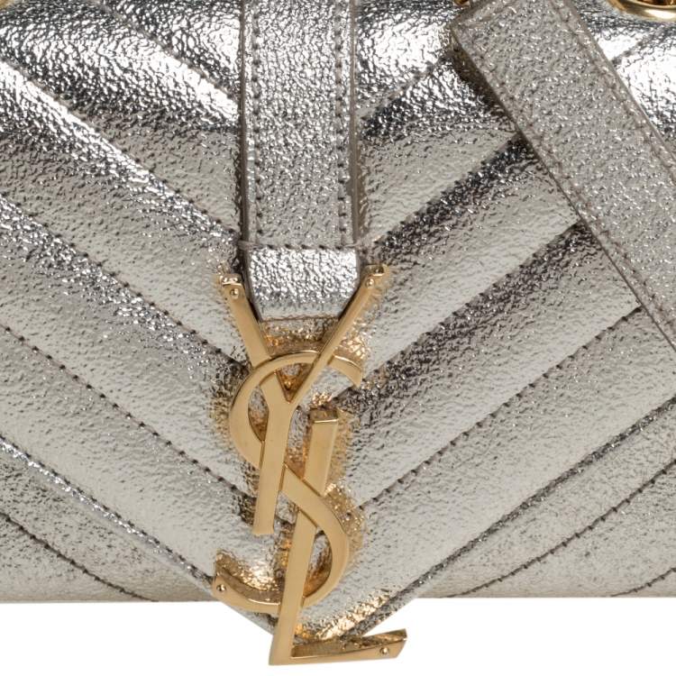 Pre Owned Saint Laurent Metallic Gold Matelassé Leather Monogram Crossbody Bag