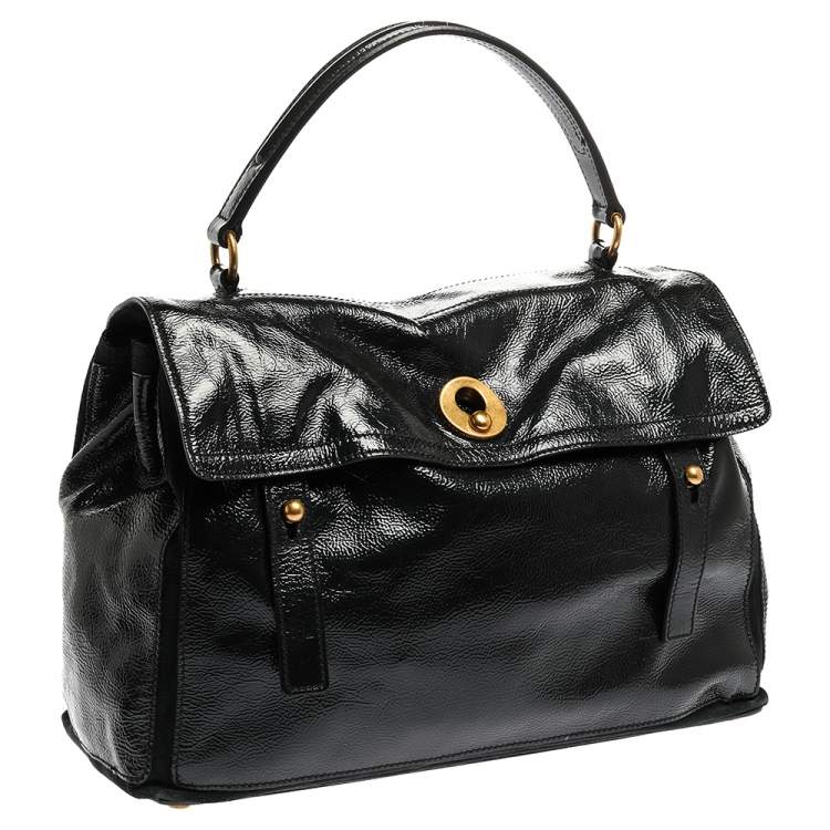 Pre Owned Saint Laurent Deep Green Patent Leather and Suede Large Muse Two Bag