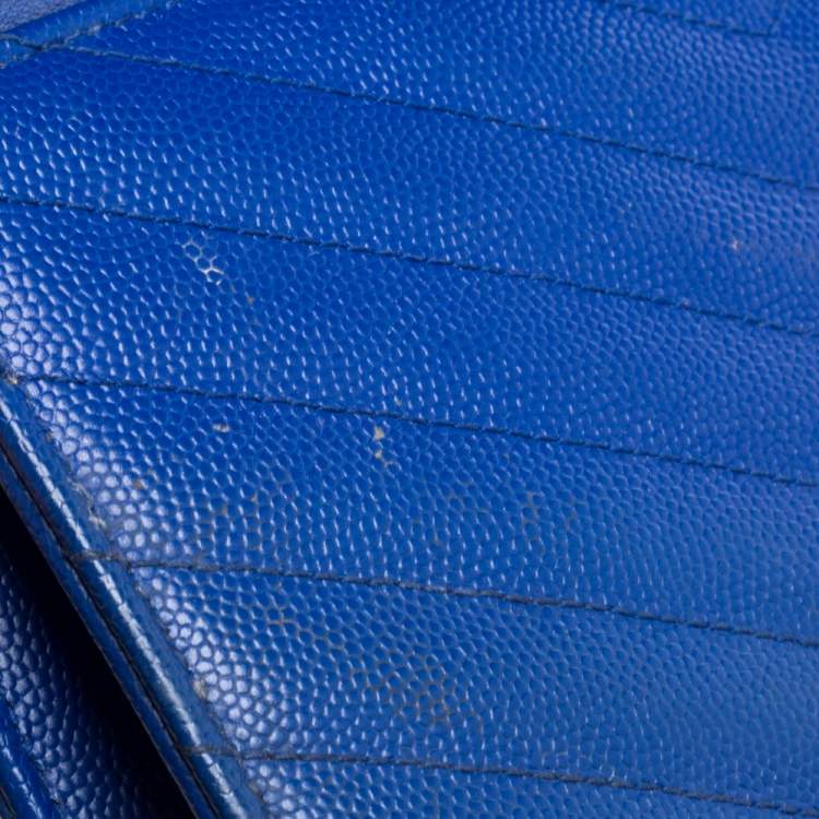 Pre Owned Saint Laurent Blue Matelassé Leather Monogram Envelope Wallet on Chain