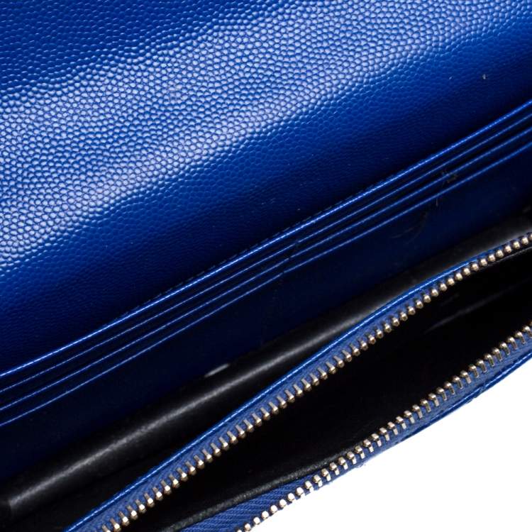 Pre Owned Saint Laurent Blue Matelassé Leather Monogram Envelope Wallet on Chain