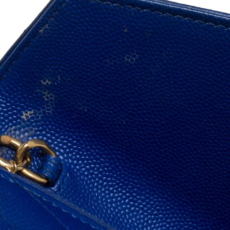Pre Owned Saint Laurent Blue Matelassé Leather Monogram Envelope Wallet on Chain