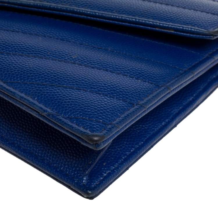 Pre Owned Saint Laurent Blue Matelassé Leather Monogram Envelope Wallet on Chain