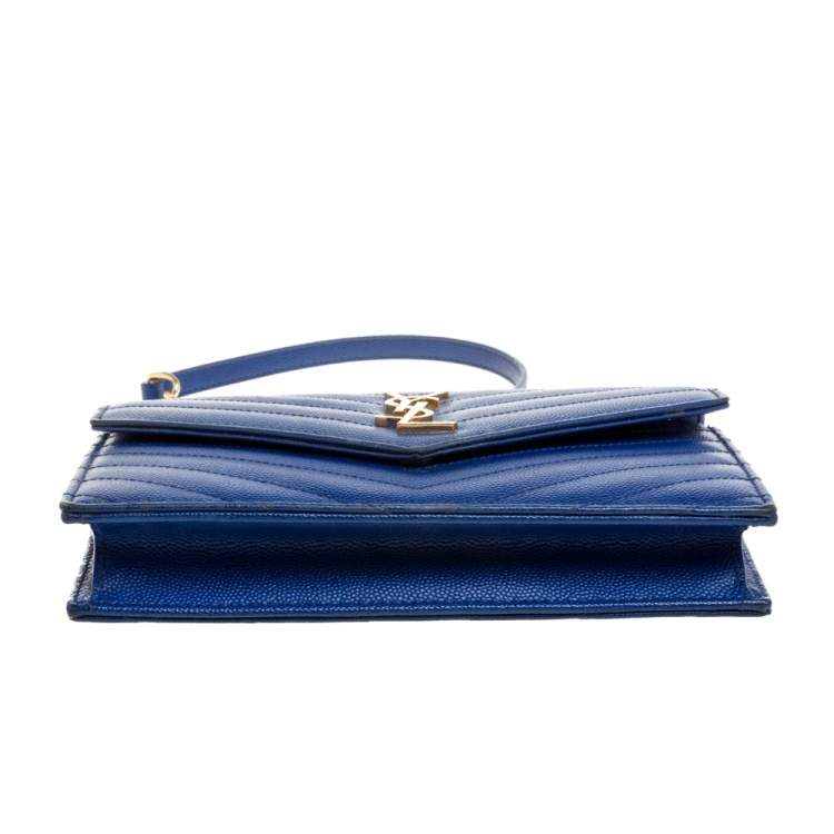 Pre Owned Saint Laurent Blue Matelassé Leather Monogram Envelope Wallet on Chain