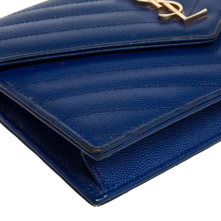 Pre Owned Saint Laurent Blue Matelassé Leather Monogram Envelope Wallet on Chain