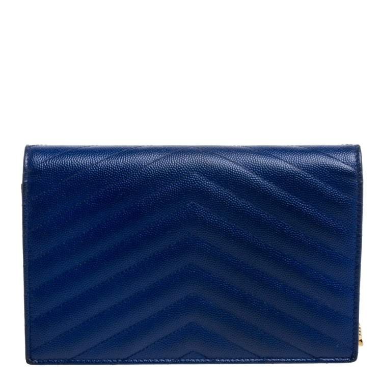 Pre Owned Saint Laurent Blue Matelassé Leather Monogram Envelope Wallet on Chain