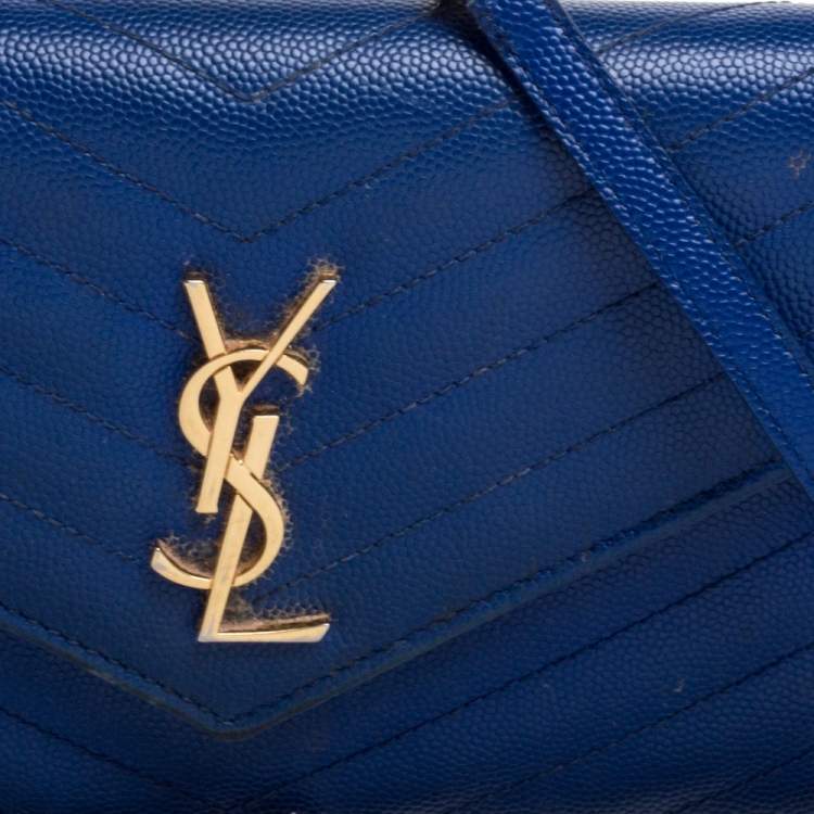 Pre Owned Saint Laurent Blue Matelassé Leather Monogram Envelope Wallet on Chain