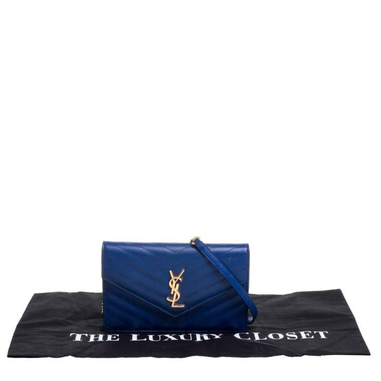 Pre Owned Saint Laurent Blue Matelassé Leather Monogram Envelope Wallet on Chain