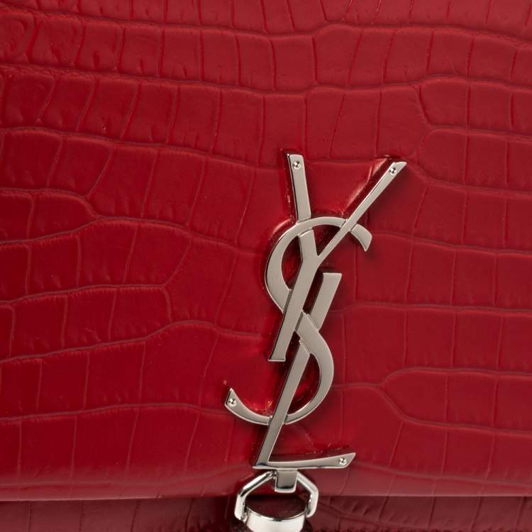 Pre Owned Saint Laurent Red Crocodile Embossed Leather Kate Wallet on Chain