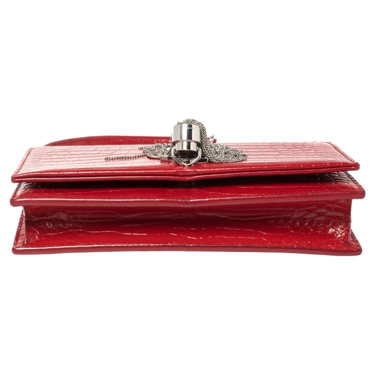 Pre Owned Saint Laurent Red Crocodile Embossed Leather Kate Wallet on Chain