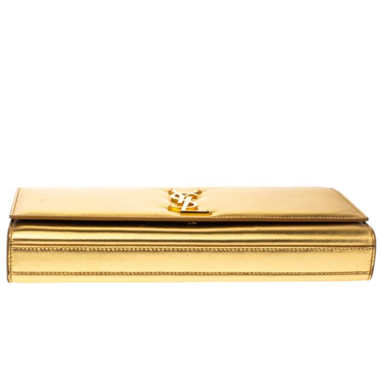 Pre Owned Saint Laurent Gold Patent Leather Kate Monogram Clutch