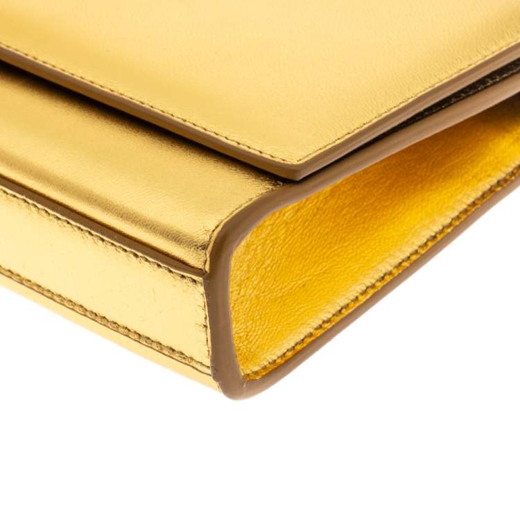 Pre Owned Saint Laurent Gold Patent Leather Kate Monogram Clutch