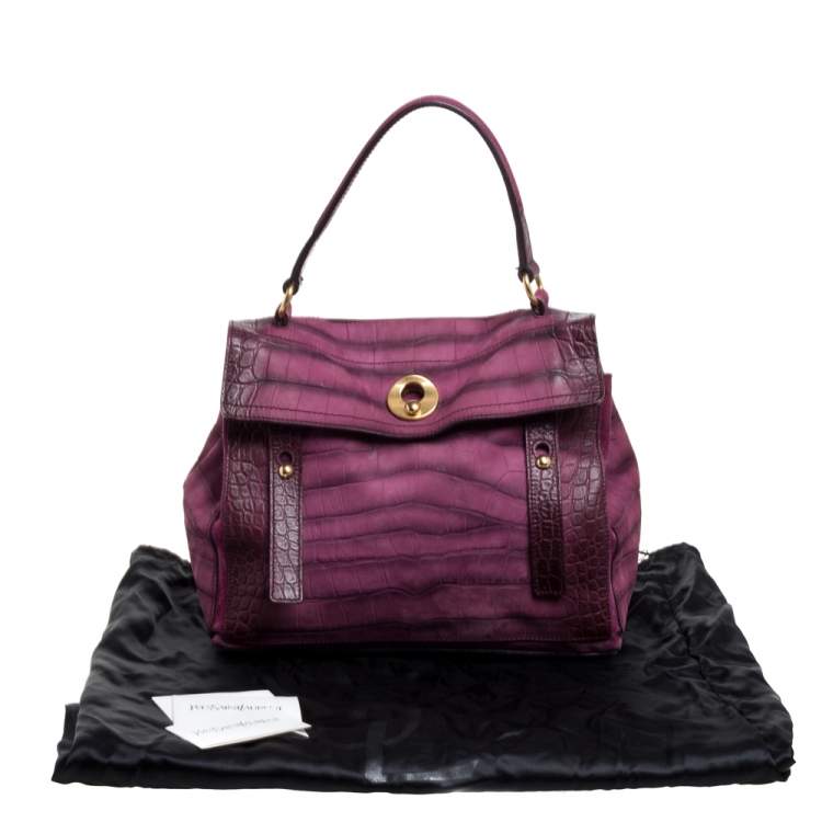 Pre Owned Saint Laurent Magenta Croc Embossed Nubuck Leather and Suede Medium Muse Two Bag