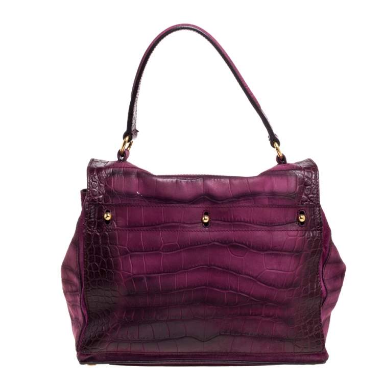 Pre Owned Saint Laurent Magenta Croc Embossed Nubuck Leather and Suede Medium Muse Two Bag
