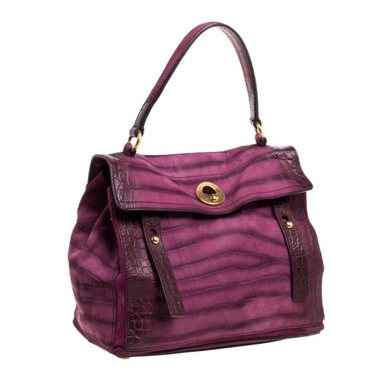 Pre Owned Saint Laurent Magenta Croc Embossed Nubuck Leather and Suede Medium Muse Two Bag
