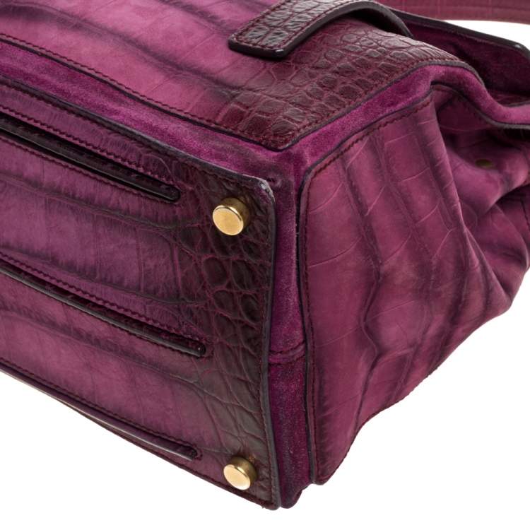 Pre Owned Saint Laurent Magenta Croc Embossed Nubuck Leather and Suede Medium Muse Two Bag