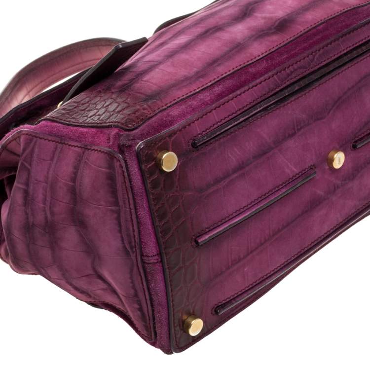 Pre Owned Saint Laurent Magenta Croc Embossed Nubuck Leather and Suede Medium Muse Two Bag