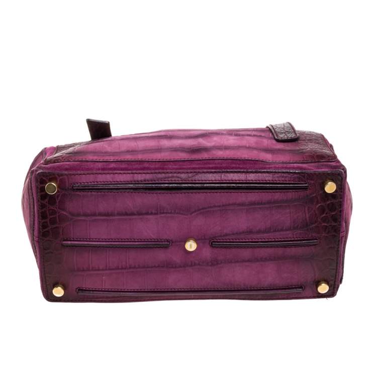 Pre Owned Saint Laurent Magenta Croc Embossed Nubuck Leather and Suede Medium Muse Two Bag