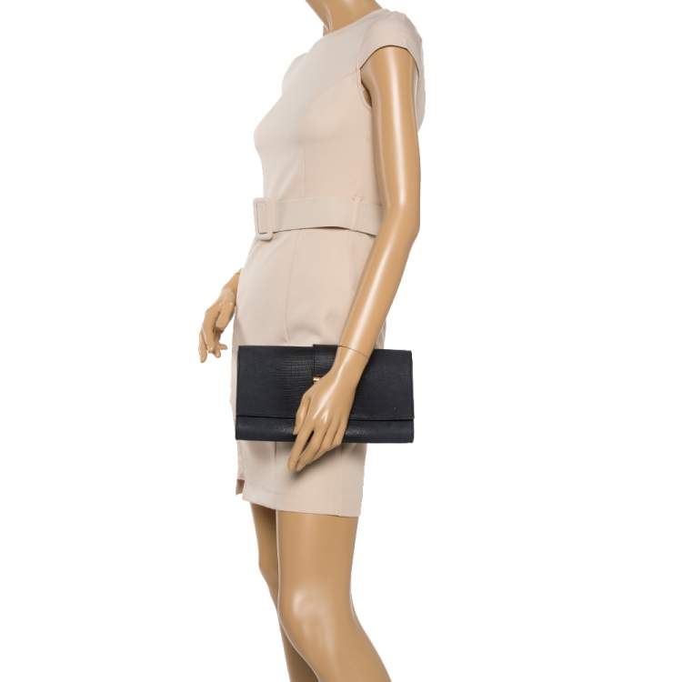 مملوكة مسبقًا Yves Saint Laurent Navy Blue Lizard Embossed Leather Y-Ligne Clutch