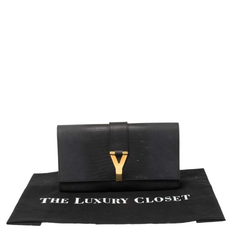 مملوكة مسبقًا Yves Saint Laurent Navy Blue Lizard Embossed Leather Y-Ligne Clutch