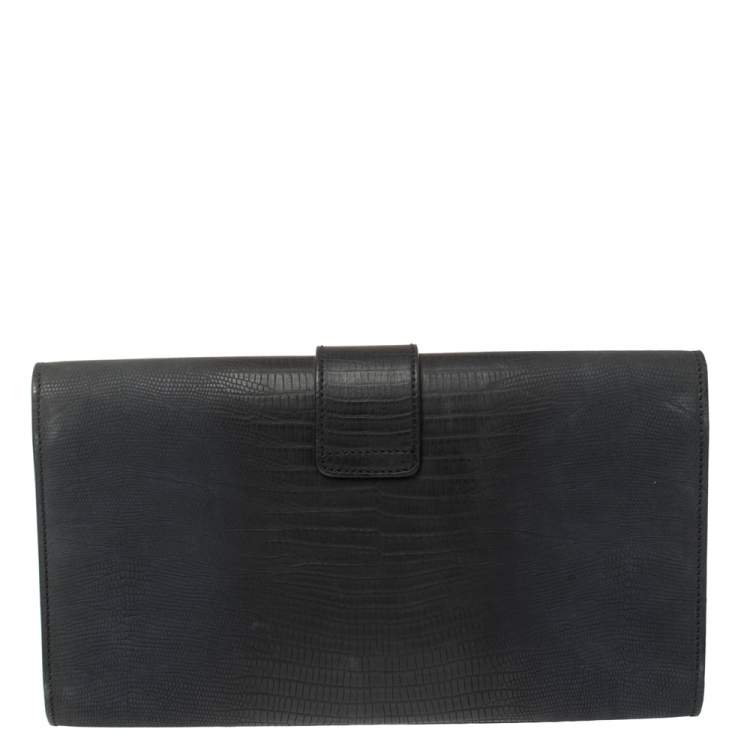 مملوكة مسبقًا Yves Saint Laurent Navy Blue Lizard Embossed Leather Y-Ligne Clutch