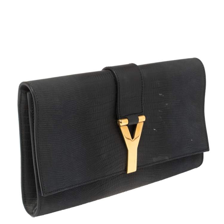 مملوكة مسبقًا Yves Saint Laurent Navy Blue Lizard Embossed Leather Y-Ligne Clutch