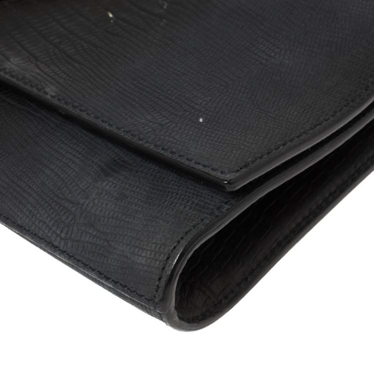 مملوكة مسبقًا Yves Saint Laurent Navy Blue Lizard Embossed Leather Y-Ligne Clutch