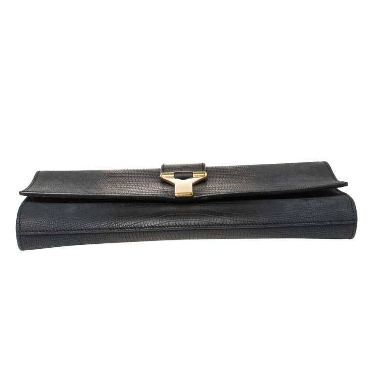 مملوكة مسبقًا Yves Saint Laurent Navy Blue Lizard Embossed Leather Y-Ligne Clutch